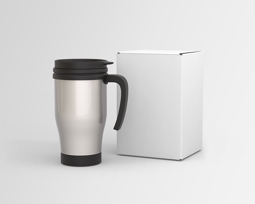 Front View of a Coffee Thermos Mug and Packaging Mockup FREE PSD