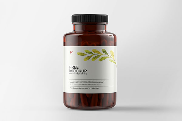 Front View of a Plastic Pills Amber Bottle Mockup FREE PSD