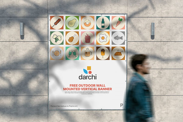 Front View of Outdoor Wall Mounted Vertical Banner Mockup FREE PSD