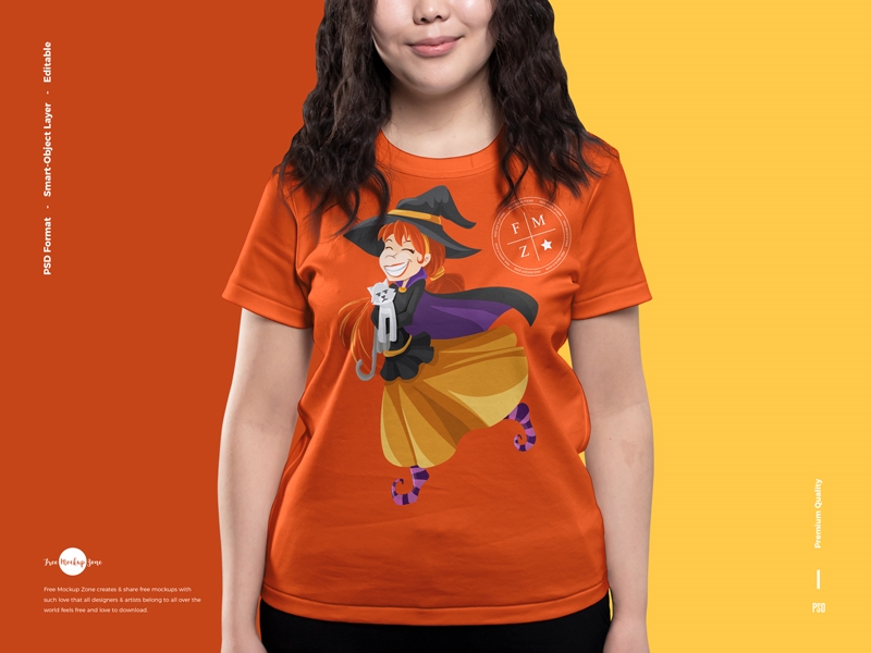 Front View of Smiling Girl Wearing T-shirt Mockup FREE PSD