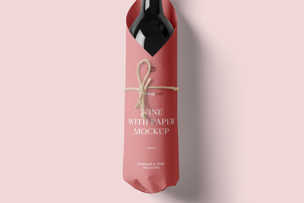 Front View of Wine with Paper Packaging Mockup FREE PSD