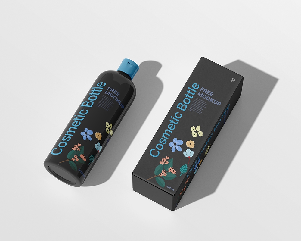 Perspective View of a Cosmetic Bottle With Its Packaging Box Mockup FREE PSD