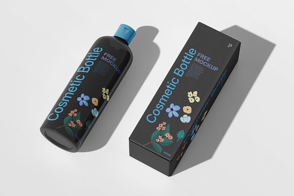 Perspective View of a Cosmetic Bottle With Its Packaging Box Mockup FREE PSD