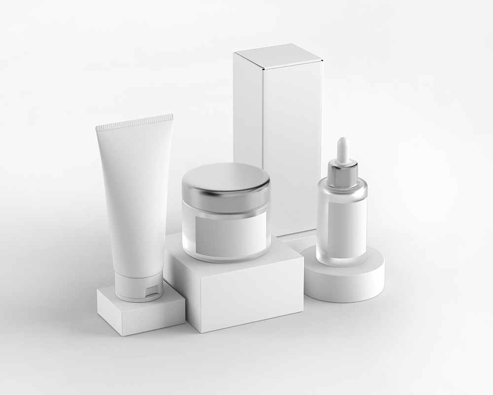 Perspective View of a Cosmetic Set with Their Packaging Boxes Mockup FREE PSD