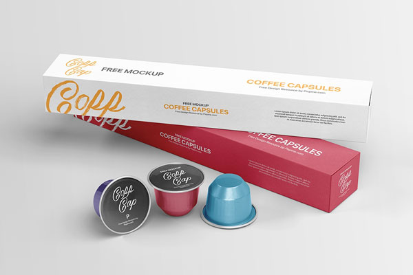 Perspective View of Three Coffee Capsules and Their Packaging Mockup FREE PSD
