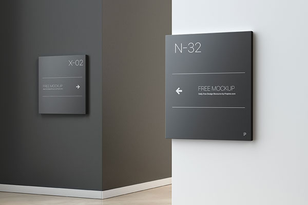 Perspective View of Two Wall Wayfinding Signs Mockup (FREE) - Resource Boy