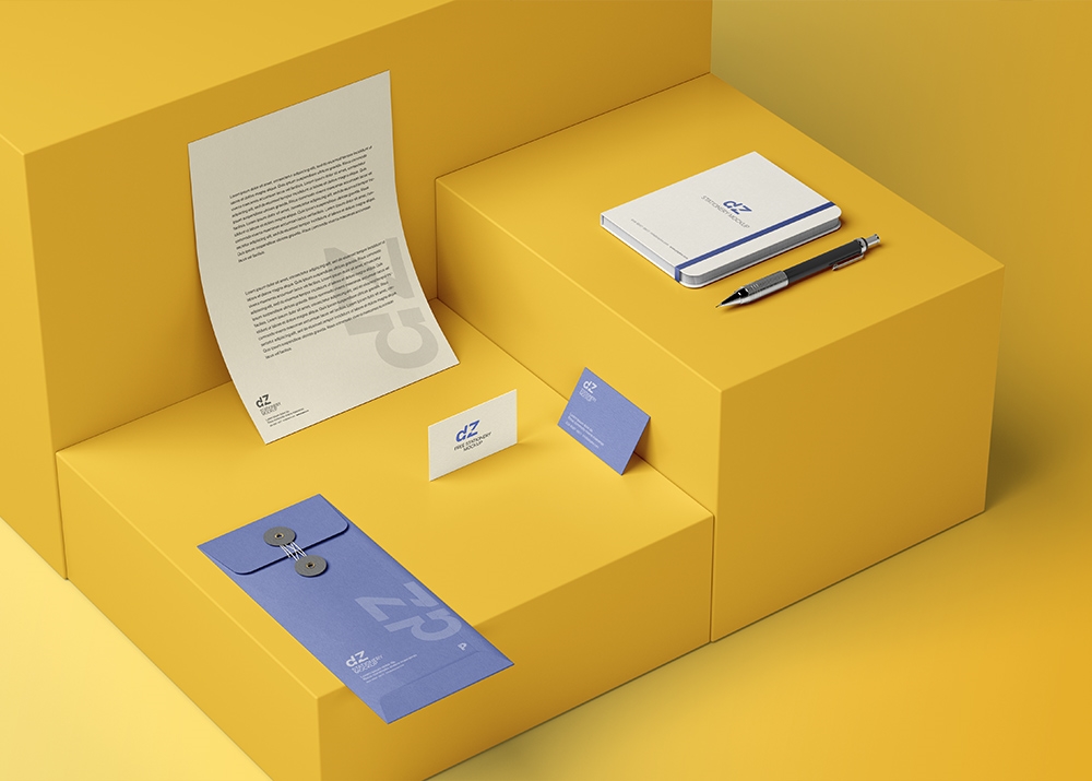 Stationery Mockup Featuring Letterhead, Business Cards, Envelope, and Notebook FREE PSD