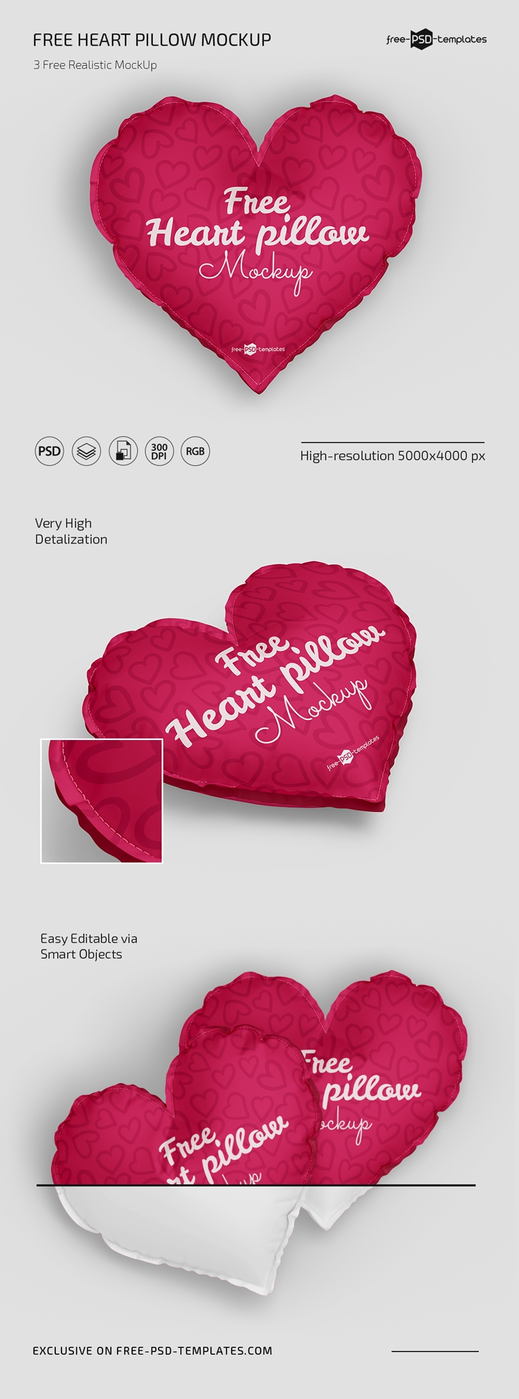 Top and Perspective View of 3 Heart-Shaped Pillow Mockups FREE PSD
