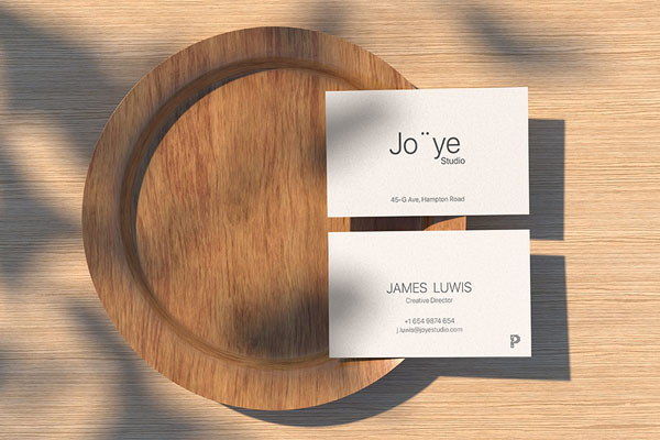 Top View of Business Cards Mockup on Wooden Plate FREE PSD