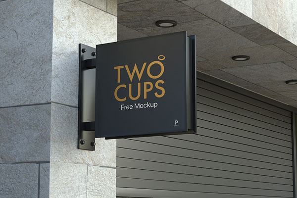 Outdoor Metallic Square Logo Sign Mockup on Building FREE PSD