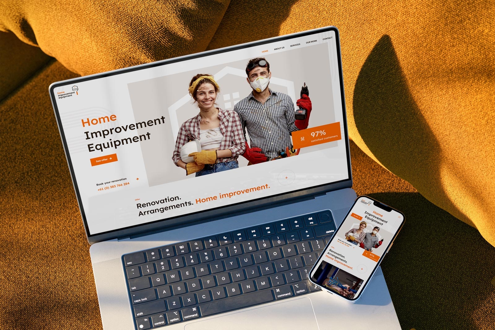 Perspective View of a MacBook Pro and an iPhone 13 Mockup FREE PSD