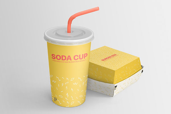 Perspective View of a Soda Cup and a Burger Box Mockup FREE PSD