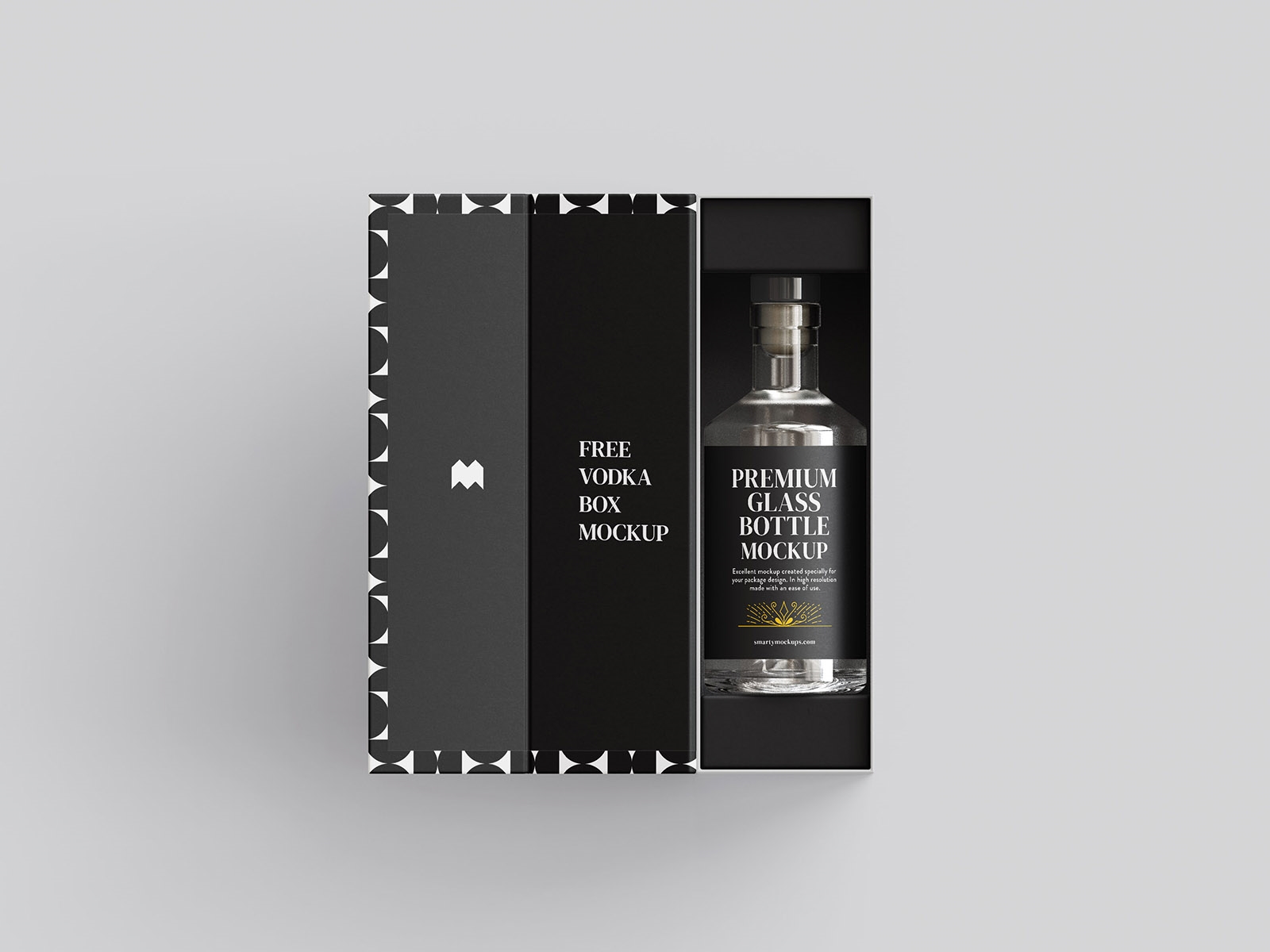Perspective and Front View of 5 Vodka Bottle and Packaging Mockups FREE PSD
