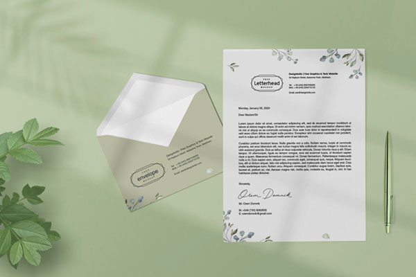 Top View of Life-like Letterhead and Envelope Mockup FREE PSD