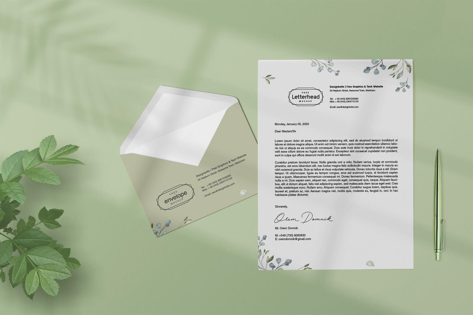 Top View of Life-like Letterhead and Envelope Mockup FREE PSD