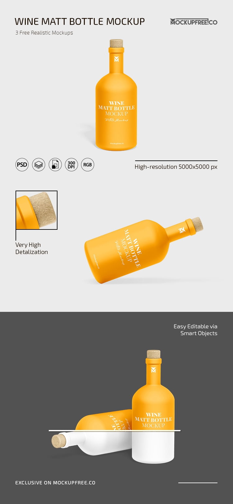 3 Mockups of Wine Matt Bottle with Cork FREE PSD