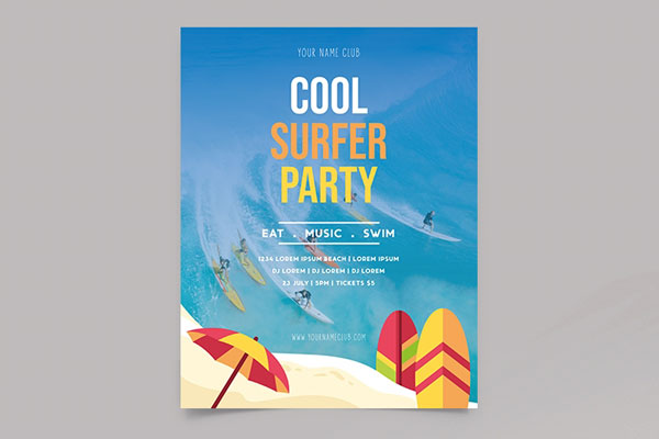Illustrative Beach Surfer Party Flyer Template FREE PSD