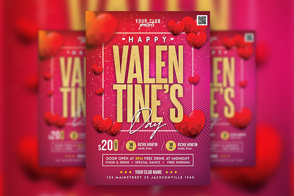 Modern Glass Heart Valentine's Day Party Flyer Template FREE PSD