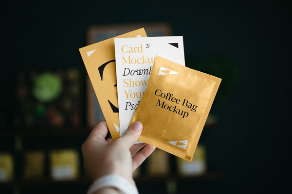 Front View of Business Cards and a Coffee Bag Mockup FREE PSD