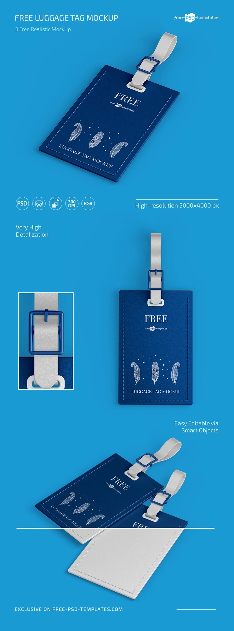 Perspective and Front View of 3 Luggage Tag Mockups FREE PSD