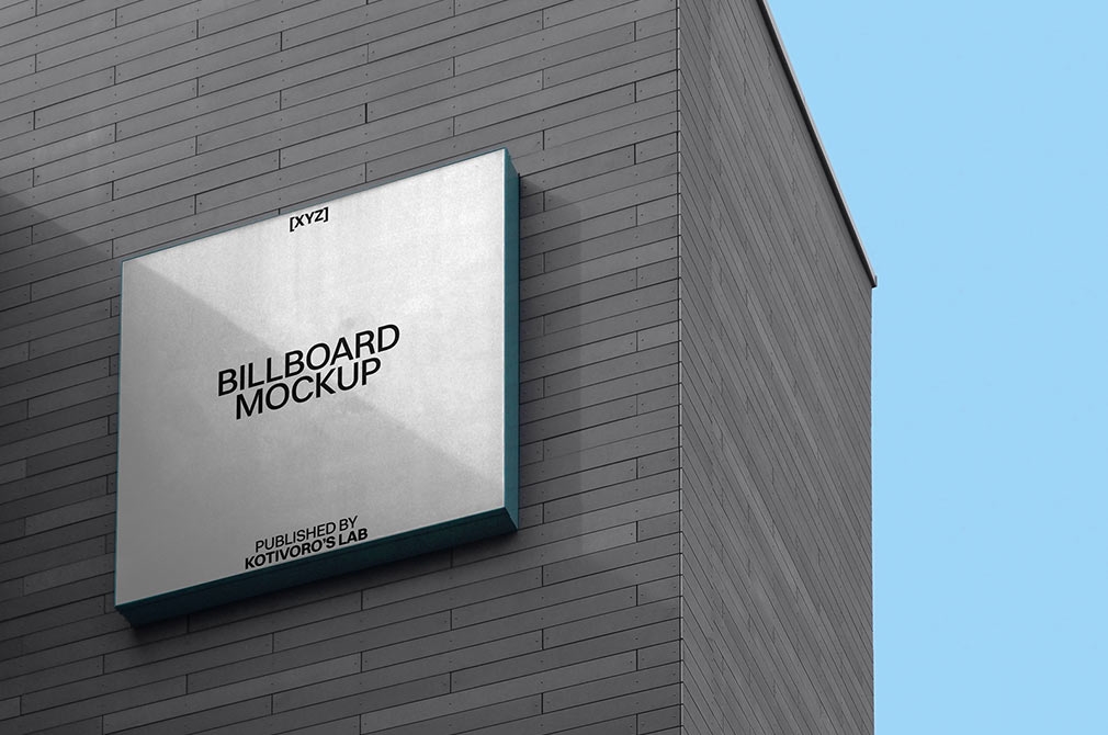 Perspective View of a Square Wall-mounted Billboard Mockup FREE PSD