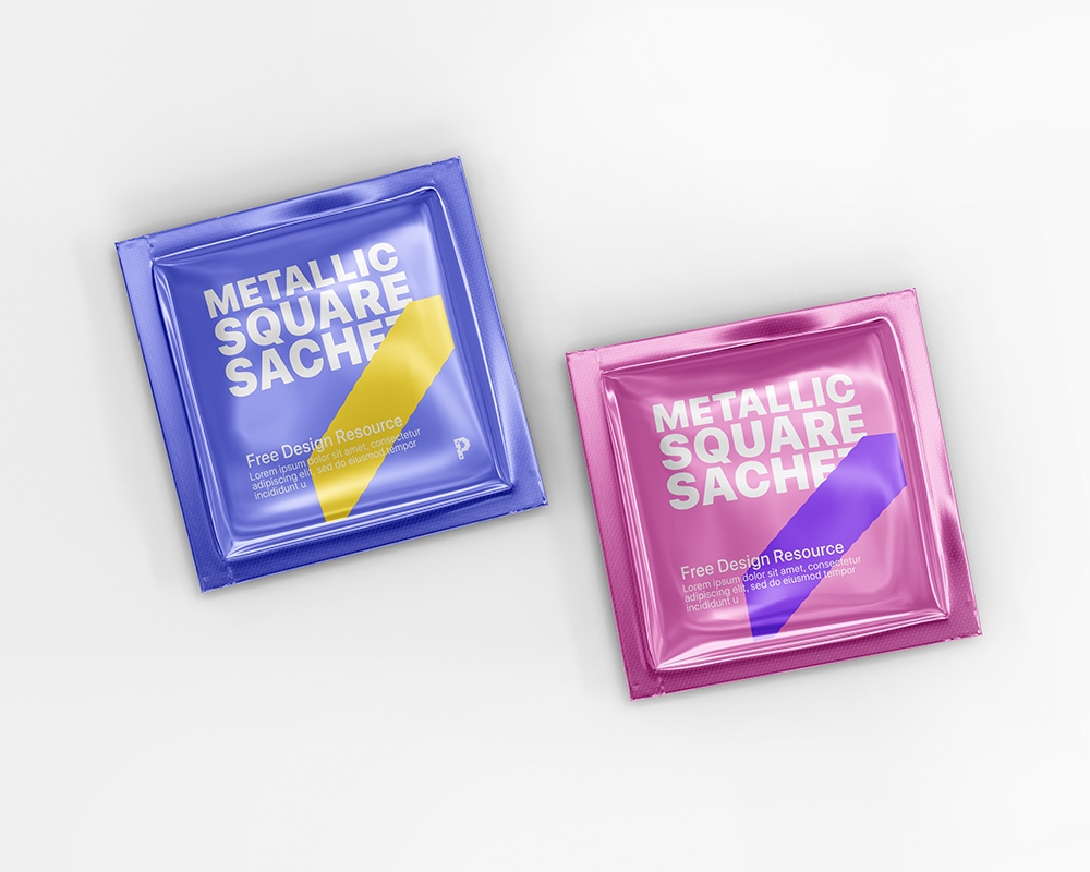 Top View of Double Metallic Square Sachet Mockup FREE PSD