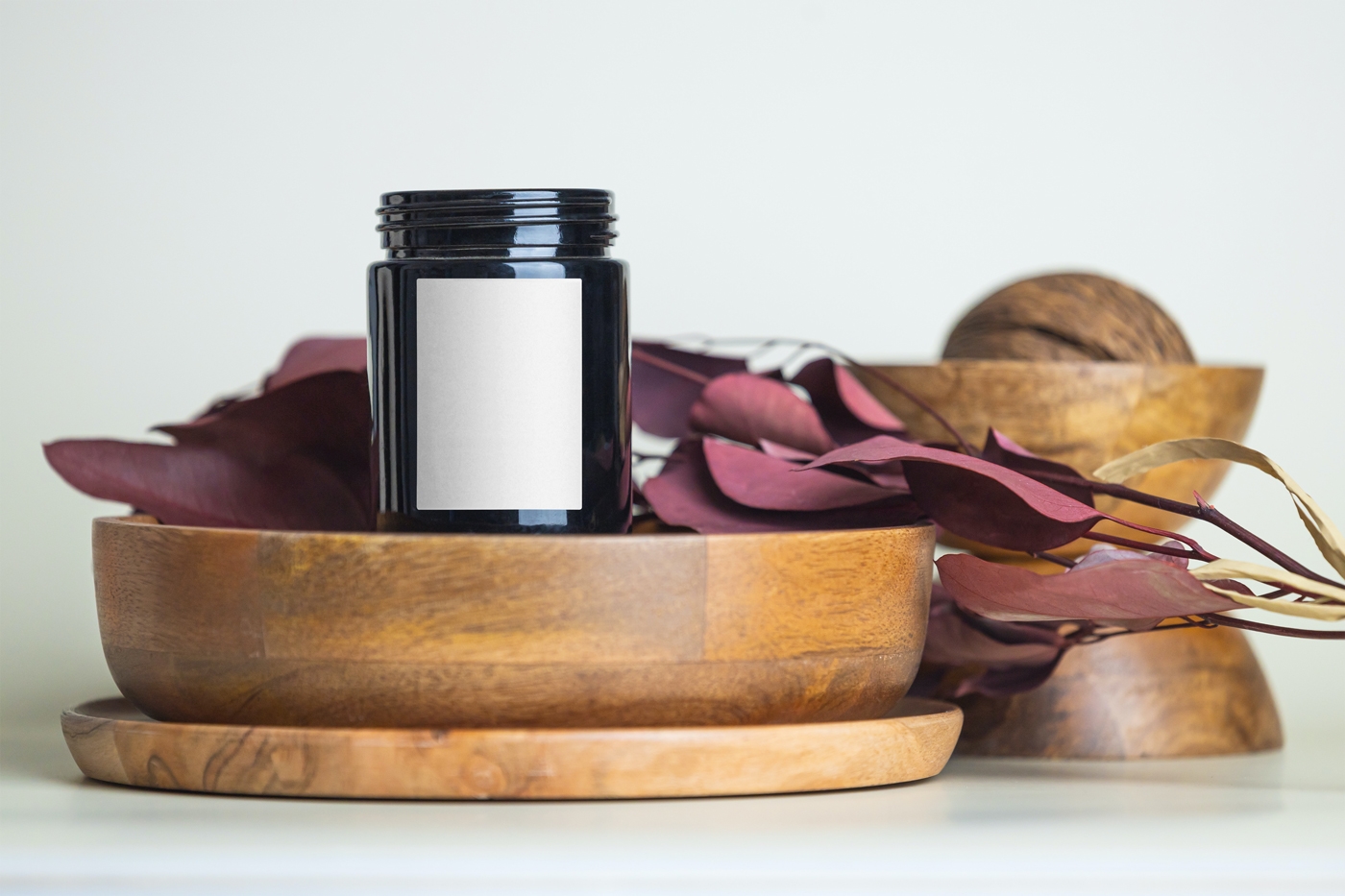 Front View of Trendy Candle Mockup with Wooden Bowl FREE PSD