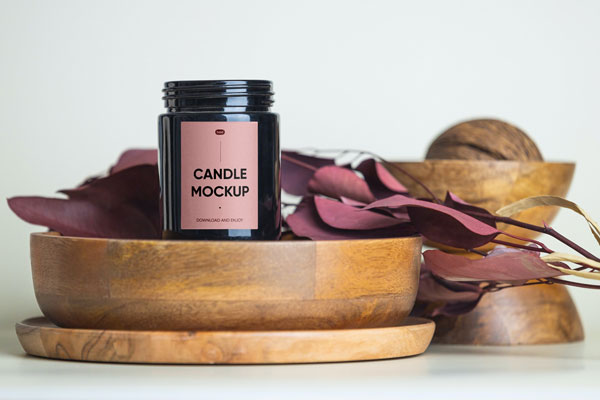 Front View of Trendy Candle Mockup with Wooden Bowl FREE PSD