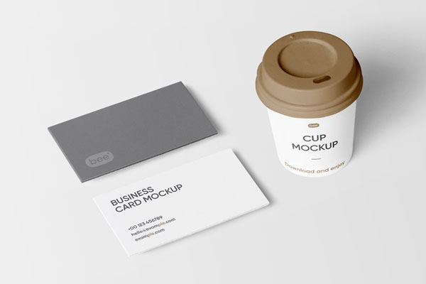 Top Side View of Business Cards Mockup and Coffee Cup FREE PSD