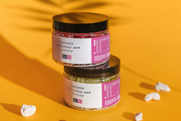 Front View of 2 Cosmetic Jars Mockup with an Overlay Leaf Shadow FREE PSD