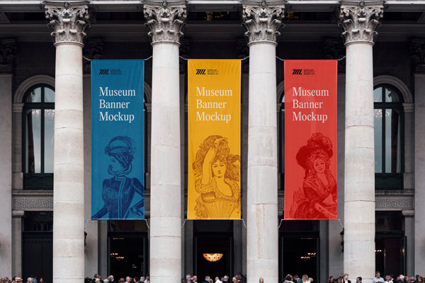 Front View of 3 Outdoor Museum Banners Mockup FREE PSD