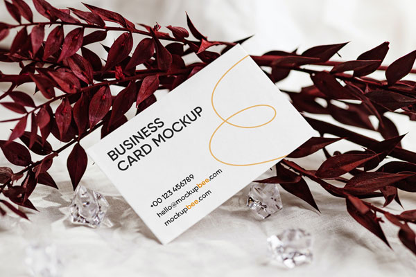 Front View of Business Card Mockup Standing at Angle with Leaf FREE PSD
