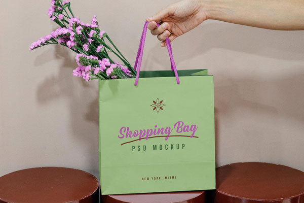 Front View of Hand Holding Paper Shopping Bag Mockup FREE PSD