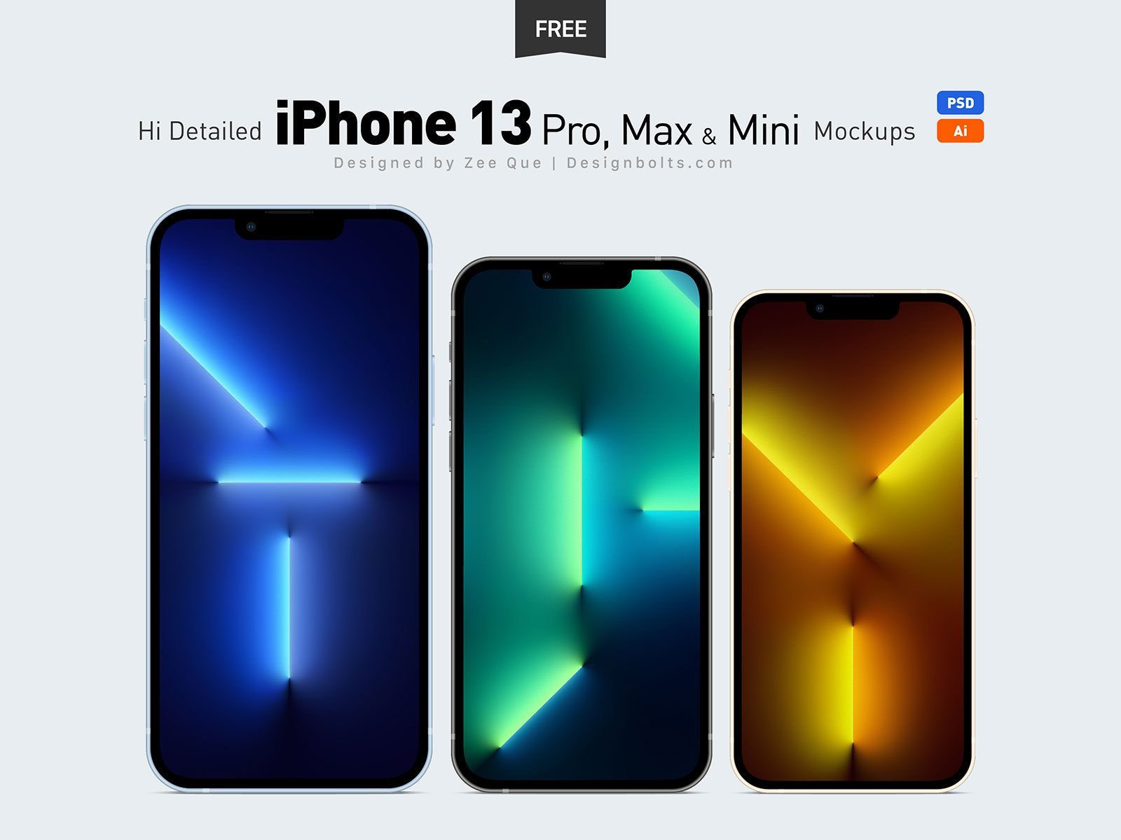Front View of iPhone 13, iPhone 13 Pro, Max & Mini Ai & Mockups Set FREE PSD