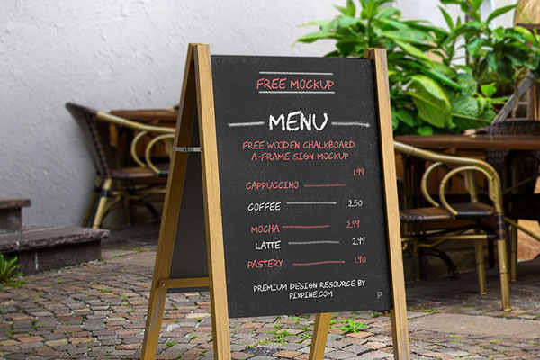 Perspective Sight of Wooden Chalkboard A-Frame Sign Mockup FREE PSD