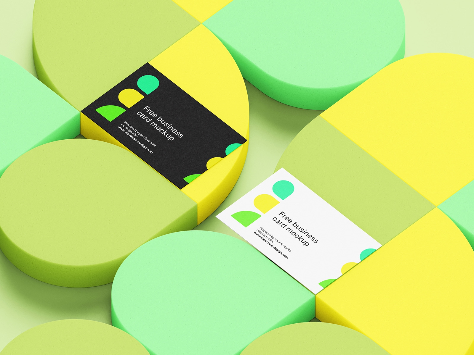 Top and Perspective View of 5 Business Card Mockups on Geometric Background FREE PSD