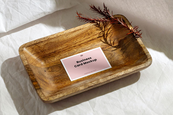 Top View of Business Card Mockup in Deep Wood Plate FREE PSD