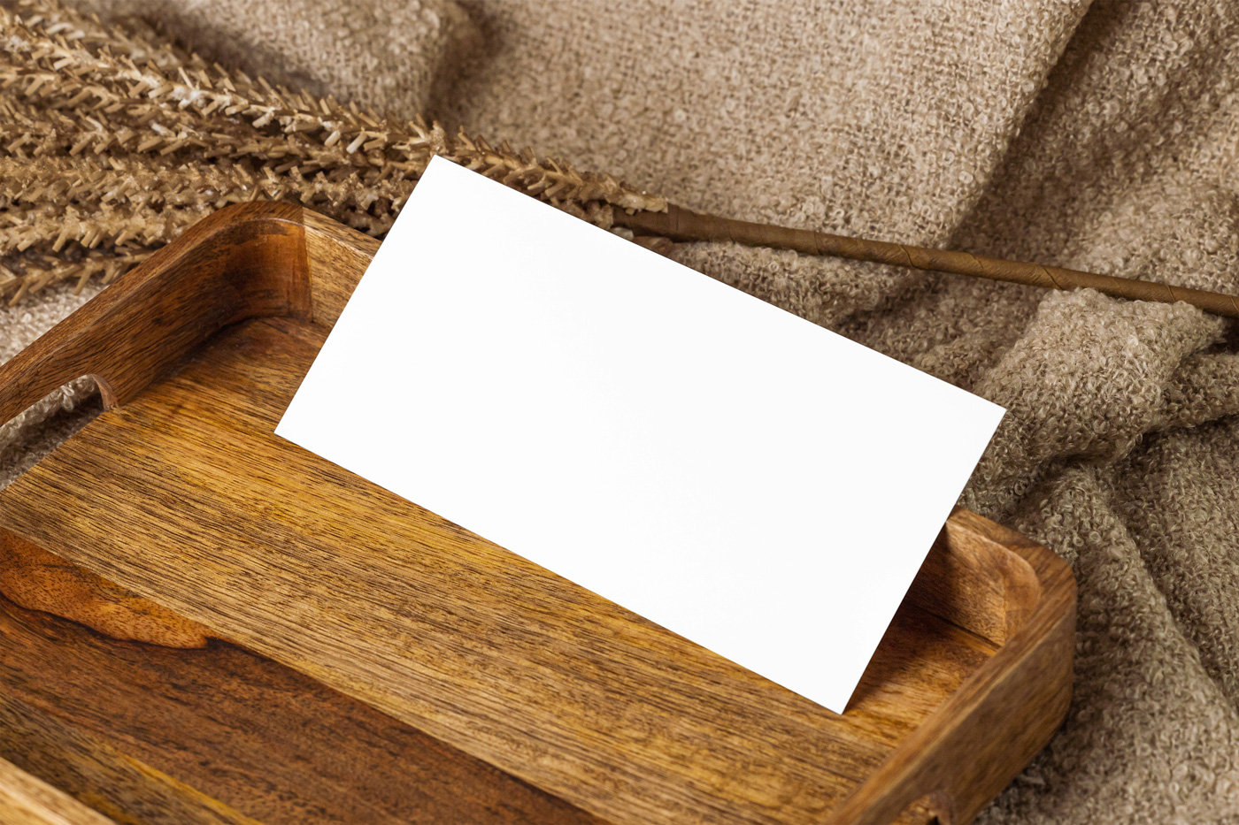 Artistic Oblong Card Mockup on Wooden Plate FREE PSD