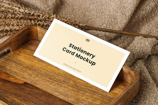 Artistic Oblong Card Mockup on Wooden Plate FREE PSD