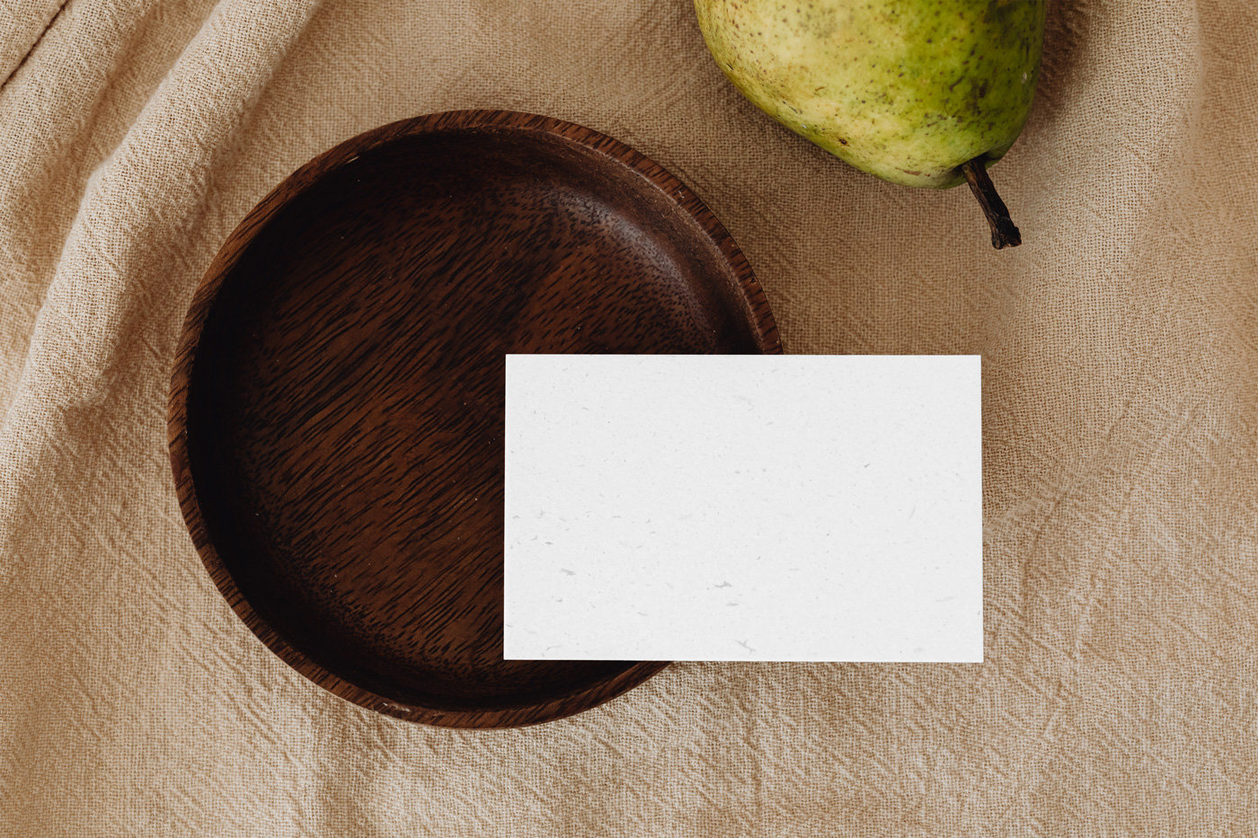 Eco Paper Card Mockup with Wooden Plate in Top Sight FREE PSD
