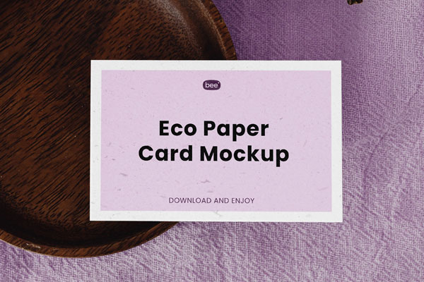 Eco Paper Card Mockup with Wooden Plate in Top Sight FREE PSD