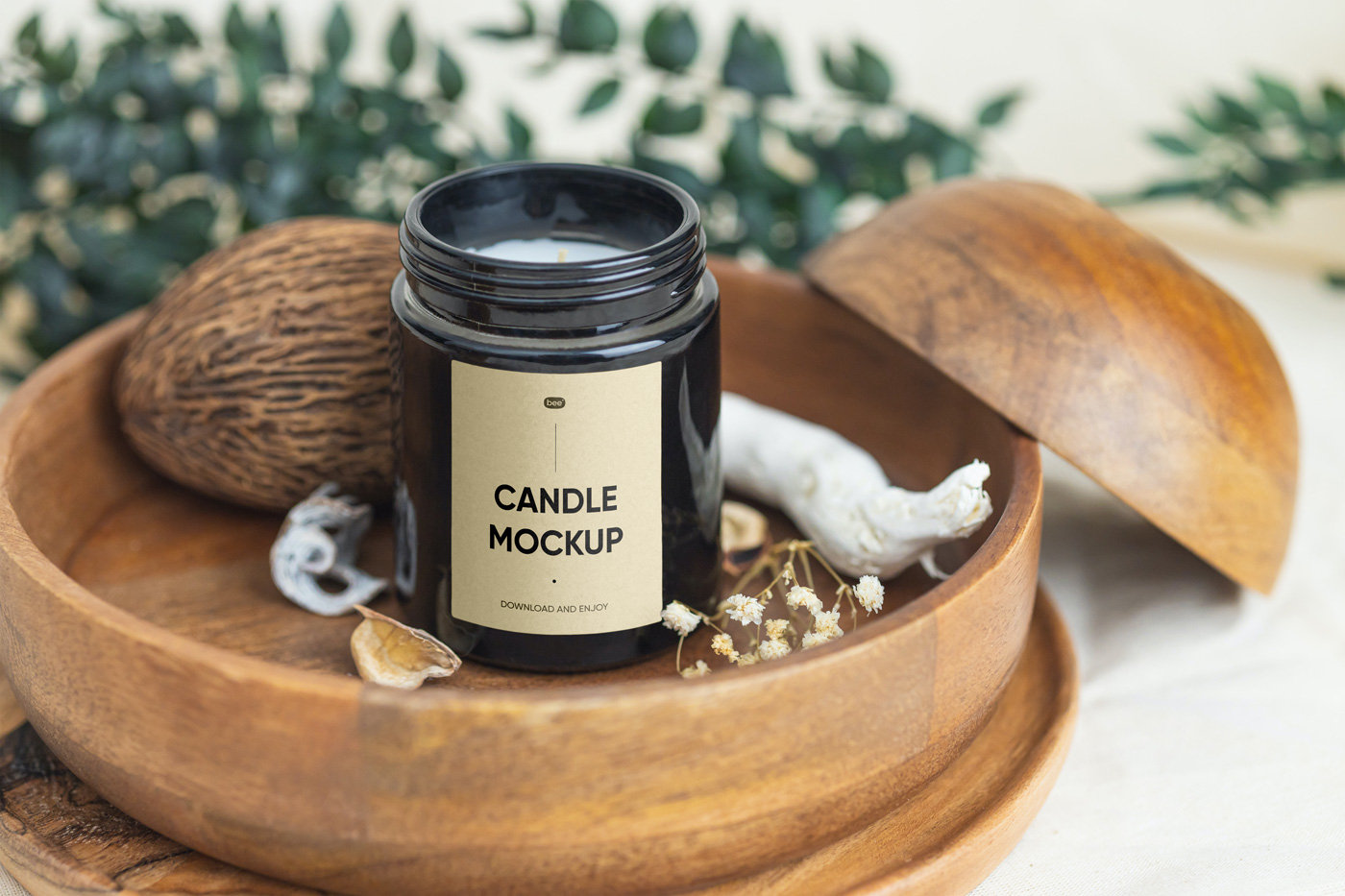 Front Sight of Candle Mockup in Wooden Bowl FREE PSD