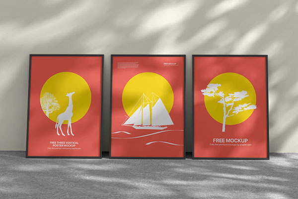 Front View of 3 Vertical Poster Mockup on Sunbeam Aura FREE PSD