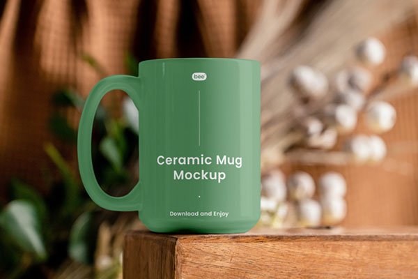 Front View of Ceramic Mug Mockup on Table FREE PSD