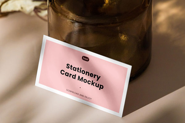 Horizontal Stationery Card Mockup with Vase in Perspective View FREE PSD