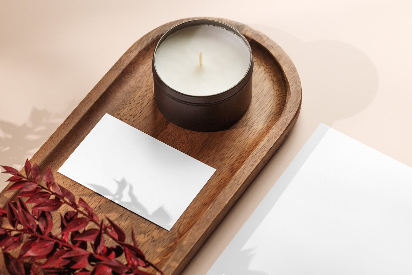 Perspective View of Business Card Mockup with Small Candle FREE PSD