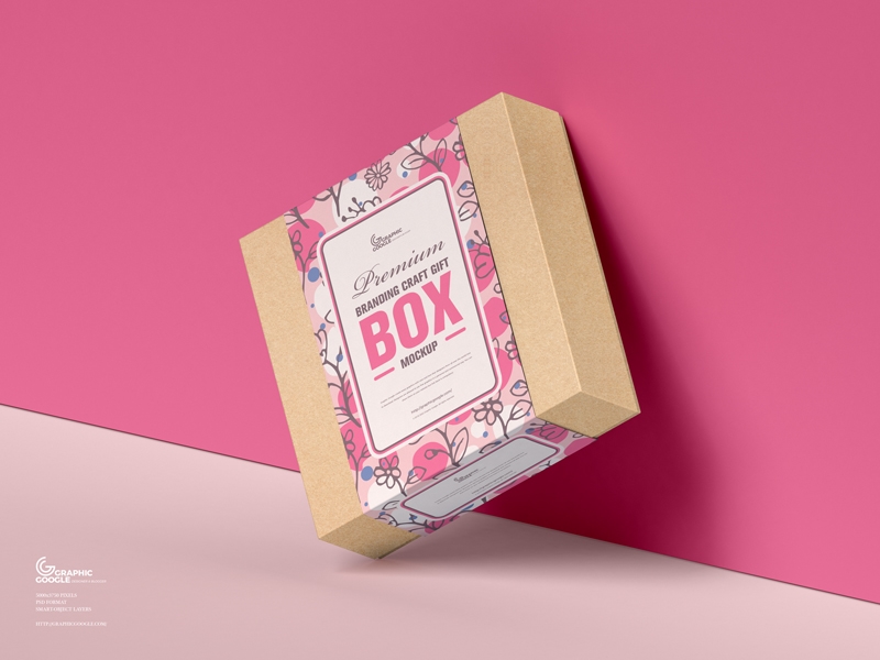 Square Branding Craft Gift Box Mockup Standing on One Edge FREE PSD