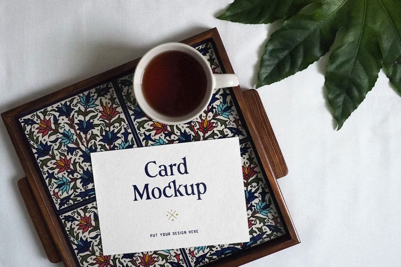 Top View of Card Mockup on Beautiful Tray FREE PSD