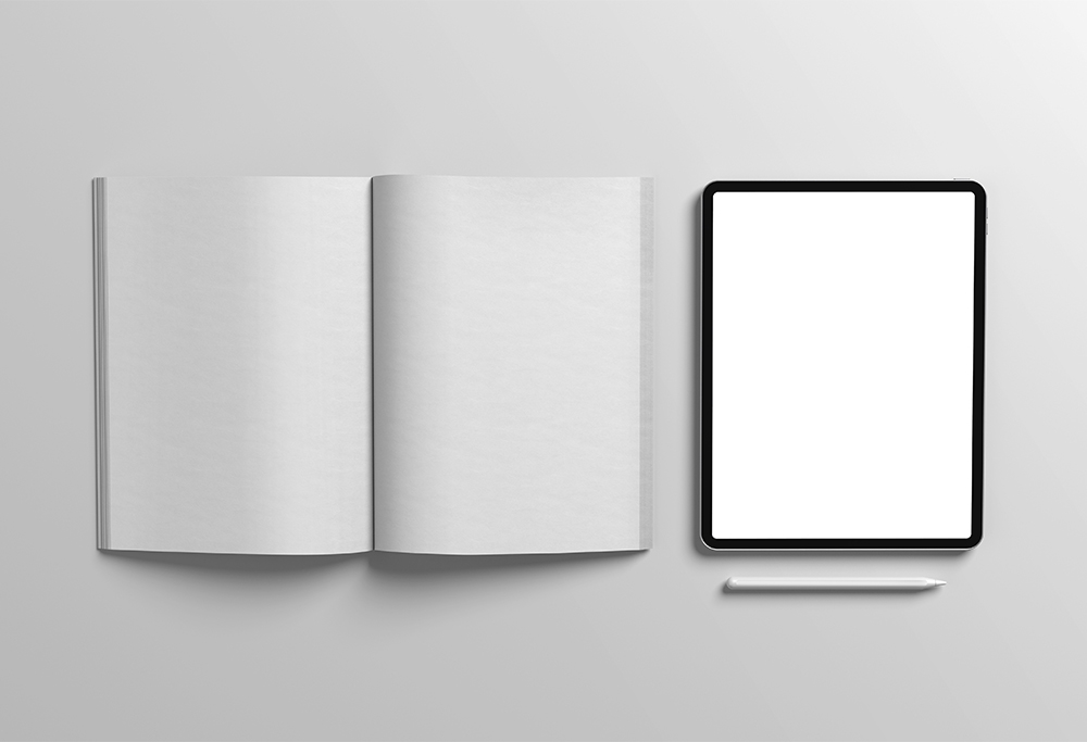 Top View of Open A4 magazine with iPad Pro Mockup FREE PSD