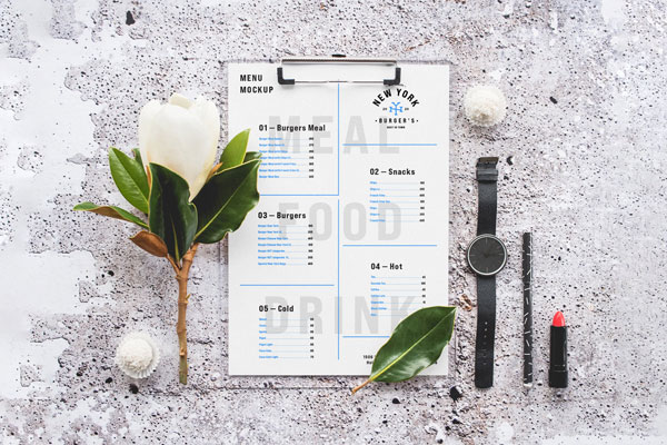 Top View of Realistic Menu Mockup on Concreate FREE PSD